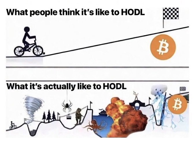 The image shows two different views of Bitcoin, with one being a cartoon depiction of a person riding a bike up a hill while holding a Bitcoin symbol, and the other showing a more realistic representation of a person riding a bicycle uphill against a backdrop of a volcano. The caption below the images reads "What's actually like to HODL".