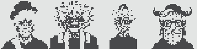 Four pixelated dark blue figures resembling wizards or robed characters with pointed hats standing against a white background.
