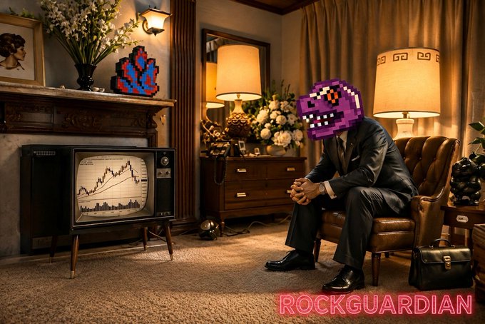 A surreal scene of a businessman in a vintage room whose head is replaced by a purple pixelated skull, with a retro TV showing a financial chart and a red 'ROCKGUARDIAN' text overlay.