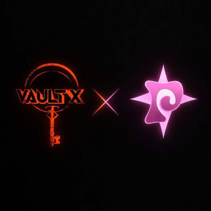 Logo graphic displaying 'VAULT X' in orange on a key alongside a pink stylized star logo on a black background.