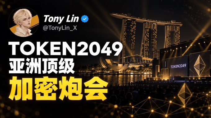 A promotional graphic for 'TOKEN2049' shows a profile of 'Tony Lin @TonyLin_X' with Chinese text '亚洲顶级加密炮会' against a nighttime cityscape featuring the Marina Bay Sands.