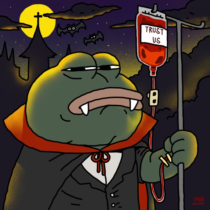A cartoon illustration of a grumpy green frog dressed as a vampire in a black suit and red cape, holding an IV bag labeled 'TRUST US' against a spooky night sky.