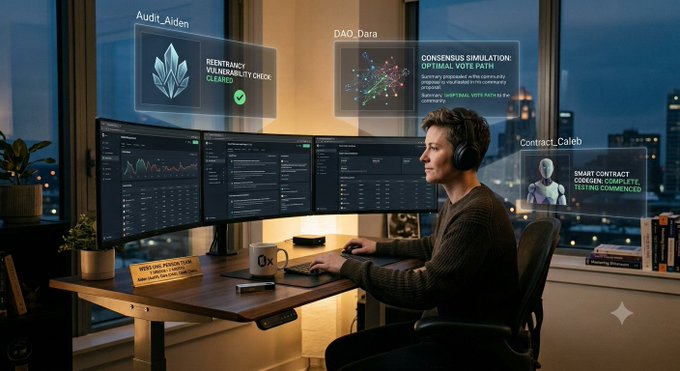 This image depicts a "one-person team" leveraging AI agents for Web3 development, with overlays labeled "Audit_Aiden," "DAO_Dara," and "Contract_Caleb" indicating tasks like vulnerability checks and smart contract development. The scene visualizes how a single founder, with AI assistance, can manage complex projects, aligning with the idea that @taskonxyz is essential for growth in this "one-person team" Web3 building paradigm.
