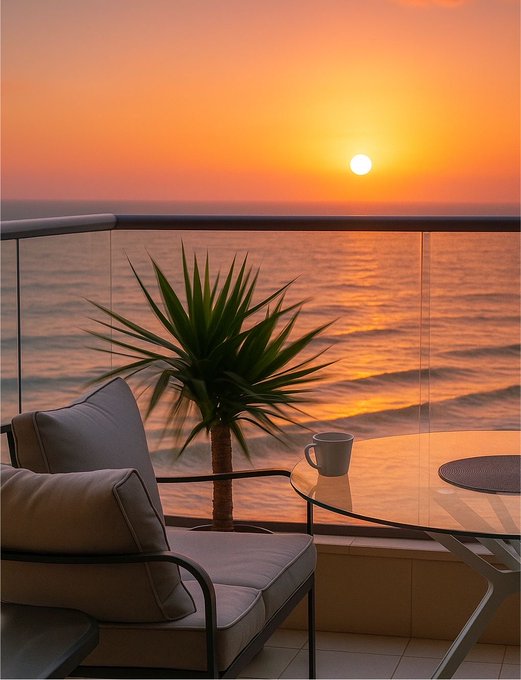 A sunset view from a balcony overlooking the ocean, with a potted plant, a cushioned chair, and a table holding a coffee cup.
