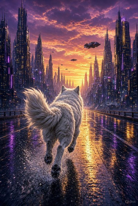 A digital artwork depicts a white dog running down a wet road toward a futuristic cyberpunk cityscape at sunset, with flying vehicles and purple-lit skyscrapers, signed 'Creak' in the corner.