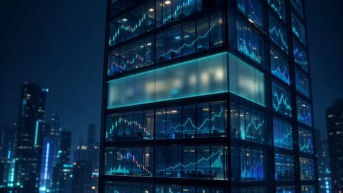 A modern glass office building at night displaying various stock market charts and financial graphs illuminated across its windows.
