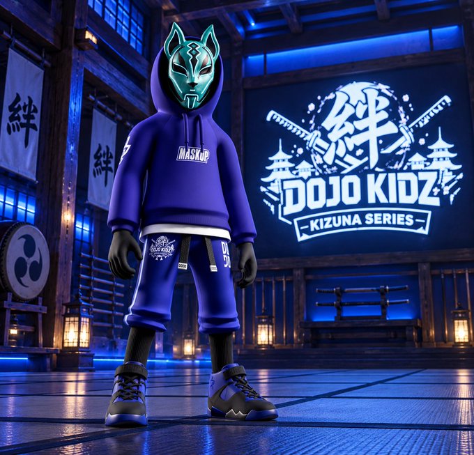 A 3D-rendered character wearing a teal kitsune mask and a purple 'MASK UP' hoodie stands in a Japanese-style dojo, with a logo for 'DOJO KIDZ KIZUNA SERIES' displayed on the screen behind them.