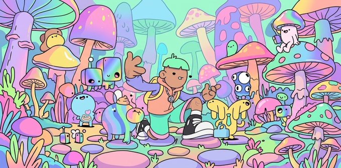 A colorful cartoon illustration of a boy with green hair surrounded by whimsical creatures and characters in a magical forest filled with pastel-colored mushrooms.