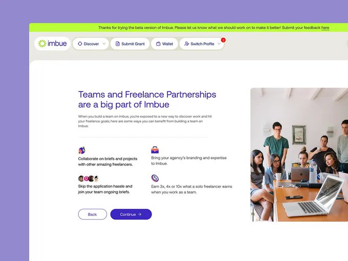A webpage for the Imbue platform highlighting 'Teams and Freelance Partnerships are a big part of Imbue,' featuring navigation tabs like Discover, Submit Grant, Wallet, and Switch Profile.