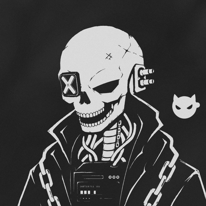 A stark black-and-white illustration depicts a skeletal figure with a cybernetic X-shaped eye implant, exposed mechanical spine and chest components, chain accessories, and a small devil-like emoji floating nearby, with the text "INFINITIFUL XIV" visible on its torso plate. The image visually reinforces the post's message by portraying a one-of-a-kind (1/1) NFT character being passed to a new owner (@crypto_czar_eth), symbolizing the digital "soul" joining a new collector's journey.