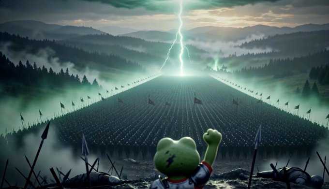 A small green frog-like character raises a fist triumphantly before a massive army arrayed on a misty battlefield beneath a dramatic lightning bolt.