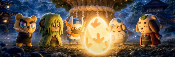 Five stylized, cute monster-like characters stand together in a dark, mystical forest setting with a glowing egg in the center.