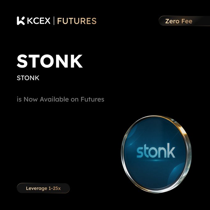 KCEX Futures announces the listing of $STONK perpetual futures with 1-25x leverage and zero trading fees, as shown in the promotional image featuring the STONK token logo alongside the KCEX Futures branding.