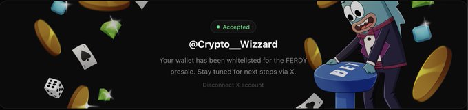 A dark banner featuring an animated shark character in a tuxedo pressing a blue 'BET' button, with text indicating '@Crypto__Wizzard' has been whitelisted for the 'FERDY' presale.