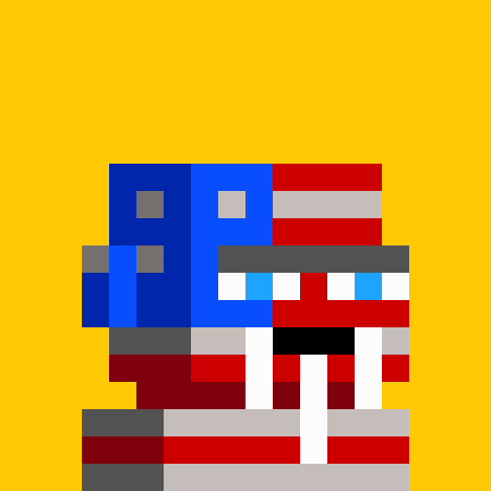 A pixel-art character resembling a Captain America-style figure with a stars-and-stripes themed shield and visor stands against a bright yellow background.