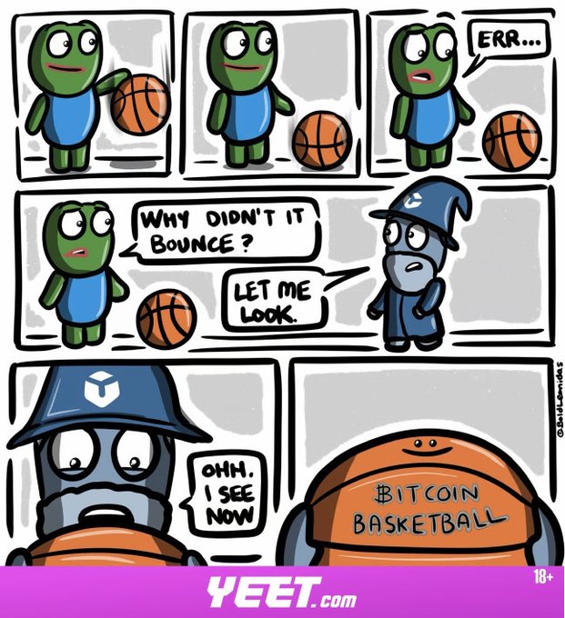 The image features a cartoon of a frog holding a basketball, with several other cartoon frogs surrounding him. The cartoon also includes text elements such as a conversation between two frogs about the benefits of Bitcoin and an advertisement for a cryptocurrency exchange.
