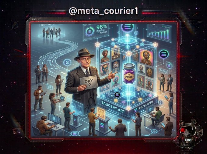 A futuristic crypto-themed digital artwork labeled '@meta_courier1' depicting a man in a fedora holding a 'DAY 2' tablet, surrounded by holographic figures, a 'SAUCERY' jar, and Solana-related references including '98% DIRECT TO ARTIST' and '#SOLANA'.