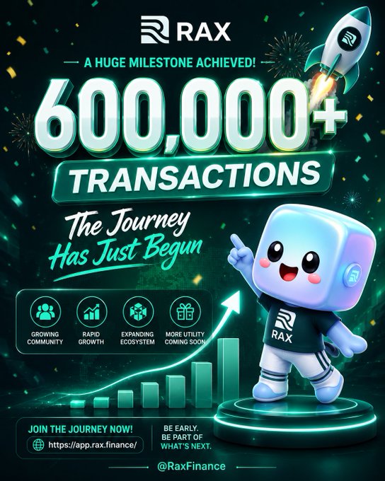 The image features a poster for a project called "600,000+ transactions". The poster includes a cartoon character standing next to a rocket ship, symbolizing the journey of the community that has achieved this milestone. The text on the poster highlights the significance of the milestone and emphasizes the importance of real activity behind it.
