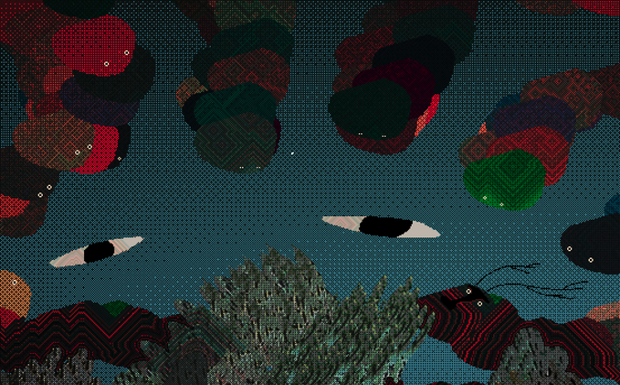 A surreal digital artwork featuring eyes floating in a patterned ocean-like background with colorful geometric islands and a castle-like structure at the bottom.