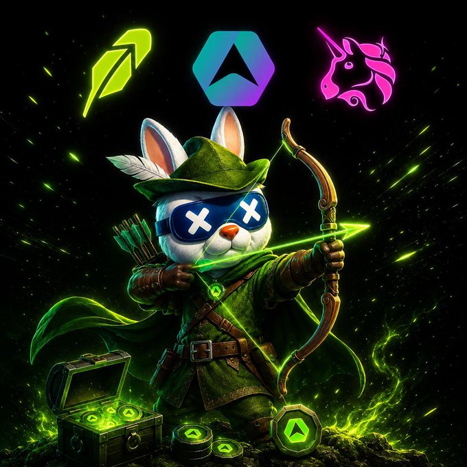 A vibrant digital artwork of an anthropomorphic rabbit dressed as a green archer with X-shaped eyes, surrounded by floating neon green icons and gems.