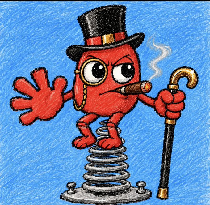 A colorful drawing of a red cartoon character wearing a black top hat and monocle, smoking a cigar and holding a gold-handled cane while sitting on a metal spring.