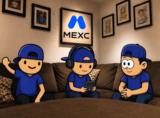 Three cartoon characters wearing blue caps and shirts sit on a brown couch in a living room with framed photos on the wall and a 'MEXC' logo prominently displayed in the center.