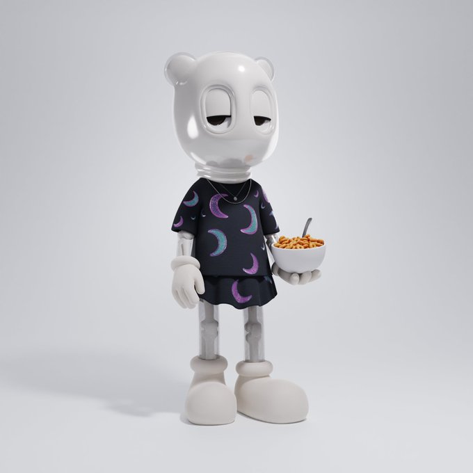 A 3D-rendered white bear-like character with a tired expression, wearing a black t-shirt and skirt with colorful moon patterns, holding a bowl of cereal with a spoon.