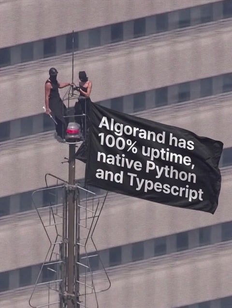 Two people on a tall antenna tower unfurling a black banner that reads 'Algorand has 100% uptime, native Python and Typescript'.