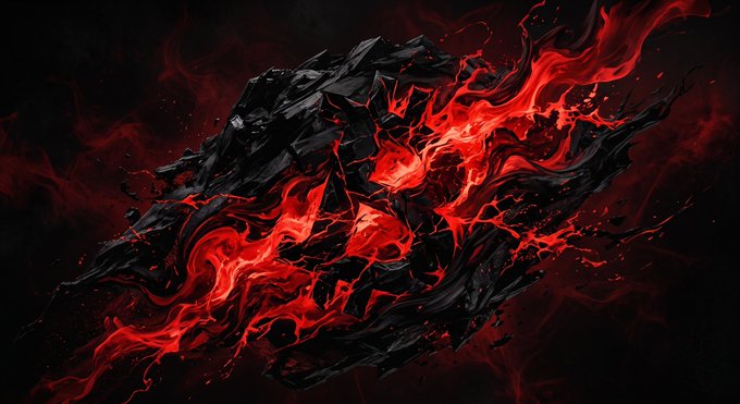 A jagged black mass cracks open to reveal glowing red lava-like energy flowing through fissures, symbolizing a market in turmoil. The fiery destruction mirrors Bitcoin's current state, where 53% of the supply is held at a loss beneath a fractured, volatile surface.