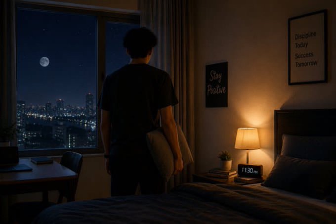 A person stands by a window at night overlooking a city skyline with the moon visible, while the digital clock reads 11:30 PM; framed wall art displays 'Discipline Today Success Tomorrow' and 'Stay Positive.'