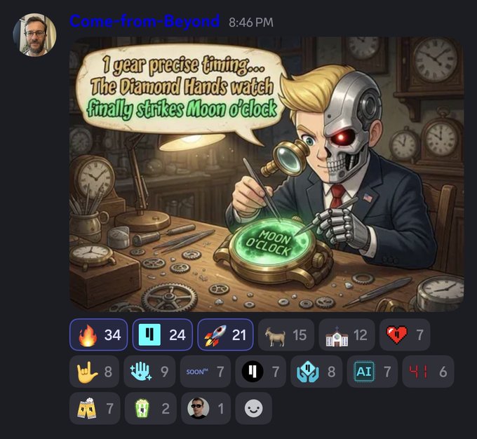 The image features a man wearing a suit sitting at a table with an intricate clock that seems to be made of gears. The man has a creepy smile on his face, which adds to the eerie atmosphere of the scene. In the top left corner of the image, there's text that reads "@Qubic" and "@_QUBIC_AFTERthe big move by then Supply is lower Adoption is higher Price is higher The smart money studies early Remember this post One day people will call Qubic an obvious opportunity Today, most people don't even know it exists.". This text provides context for the clock's significance and the man's role in its creation.
