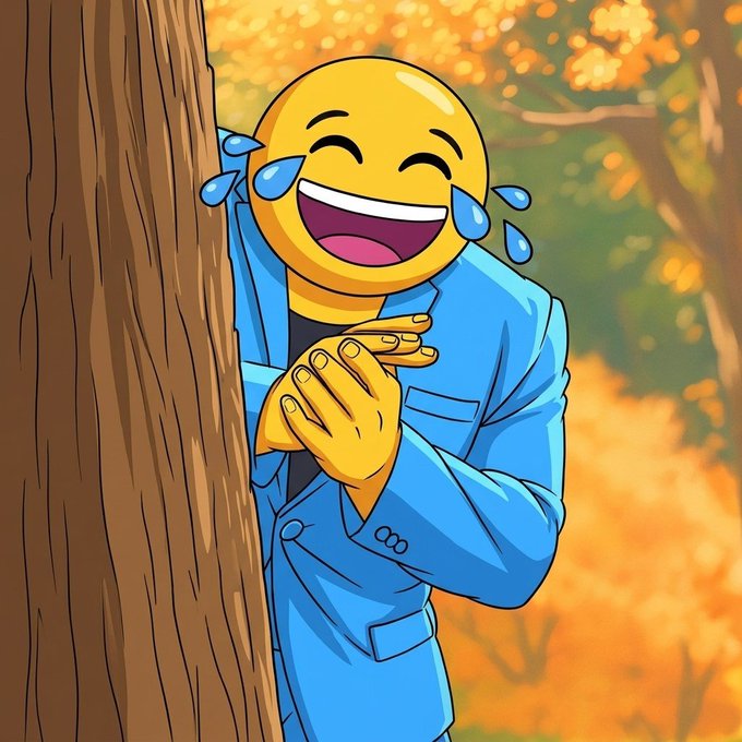 The image features a cartoon character, likely an emo clown or a character from a popular TV show, wearing a blue suit with a jacket and holding his hands together while laughing. The caption of the image reads "LOL holders right now watching the timeline catch on... the most recognised expression on the internet... LOL". This suggests that the image is related to a humorous post or meme featuring the character's facial expression and attire, likely intended to evoke laughter from its viewers.
