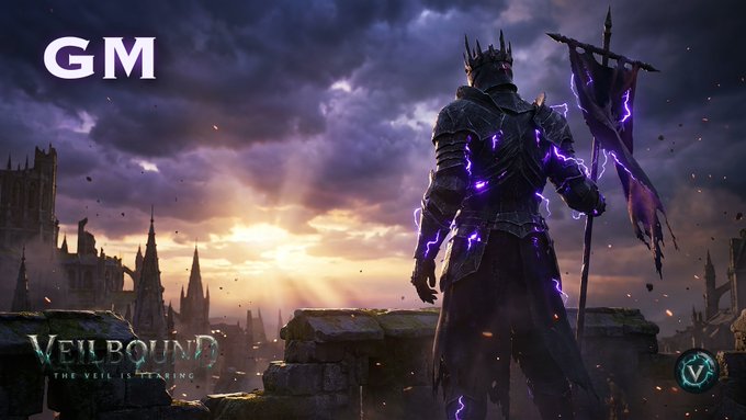 A dark, armored figure wreathed in purple lightning stands before a gothic cityscape at sunset, holding a banner—evoking the powerful, ominous tone of "Veilbound: The Veil Is Tearing." Text reads "GM," "VEILBOUND - THE VEIL IS TEARING," and a "V" logo, promoting the post's claim of $VEIL as a top GameFi project on the verge of a major move.