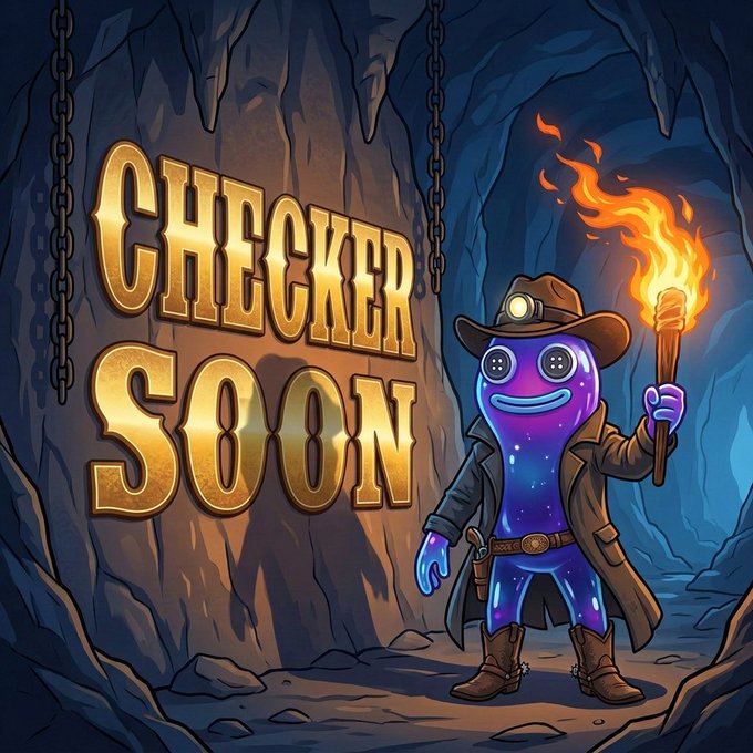An adventurous character holding a torch stands in a cave with the words "CHECKER SOON" in large gold lettering, hinting at an upcoming launch related to the accompanying post. This visual ties into the post's message about the impending "Checker" launch and the importance of tomorrow.