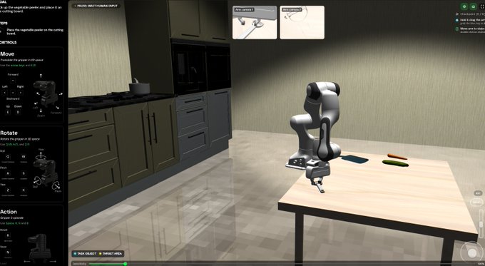 A 3D simulation interface showing a robotic arm on a table in a kitchen environment, with control panels for 'Move', 'Rotate', and 'Action' visible on the left side.