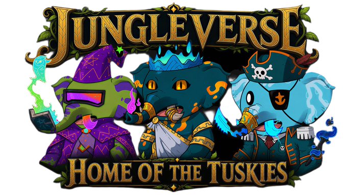 A logo titled 'JUNGLEVERSE - Home of the Tuskies' featuring three cartoon elephant characters dressed as a wizard, a flame-headed warrior, and a pirate captain.