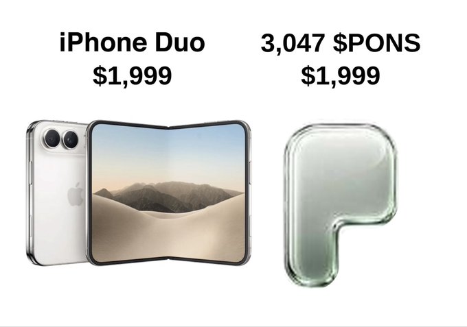 A meme comparing 'iPhone Duo $1,999' to '3,047 $PONS $1,999', showing an iPhone and a translucent P-shaped object.