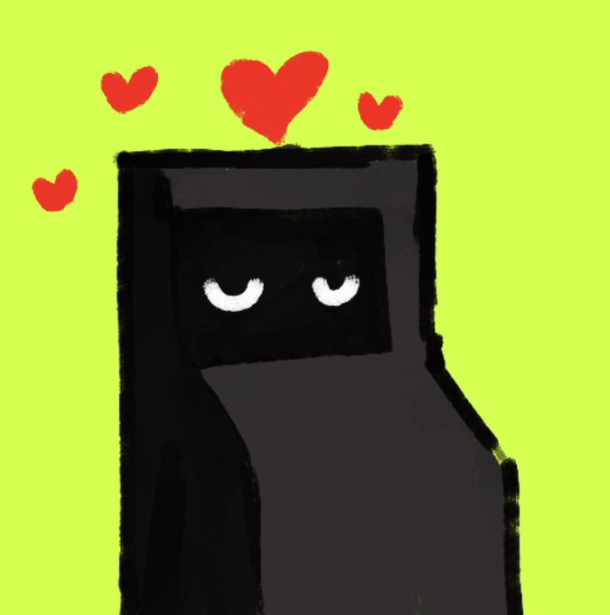 A simple cartoon drawing of a black, blocky character with glowing eyes and red hearts floating above its head against a bright green background.