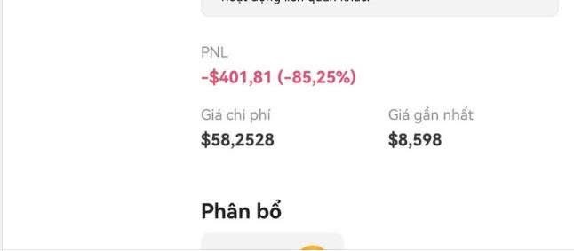 The image displays a portfolio dashboard showing a PNL (Profit and Loss) of -$401.81 (-85.25%), with a cost basis of $58.2528 and a current price of $8.598. This visually represents the painful -85% loss referenced in the post about holding $TRUMP through multiple price drops from its peak.