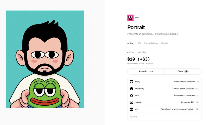 A Foundation NFT listing titled 'Portrait' by sukisukidoodle showing a cartoon man holding a green Pepe the Frog character, currently priced at $10 with 4 bidders and activity from eldoy, RealBinky, HXM, blonde, and you.