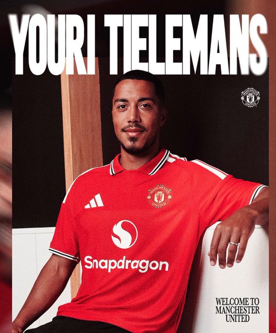 A promotional photo featuring "YOURI TIELEMANS" in bold text, showing him wearing the red Manchester United home kit with the Snapdragon sponsor logo. The image includes the Manchester United crest and "WELCOME TO MANCHESTER UNITED" text, suggesting a club announcement. The "My Lambo" caption likely contrasts with the understated, professional player unveiling portrait, playing on the gap between luxurious lifestyle flexes and a calm player introduction.