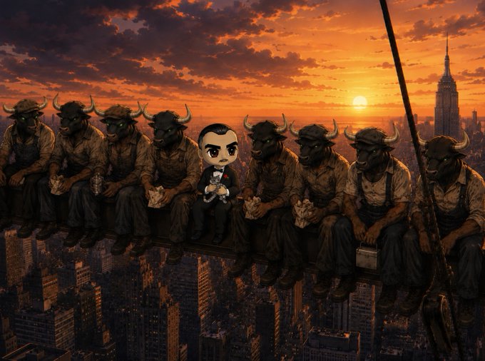The image is a creative recreation of the iconic "Lunch Atop a Skyscraper" photograph, featuring a row of bull-headed figures and one human figure in a suit sitting on a beam high above a city skyline at sunset, symbolizing the strong, united bull community rallying around $ANSEM. The bulls appear to be sharing a meal together while perched perilously above New York City, with the Empire State Building visible in the background, reinforcing the "Lunch with the Bulls" theme central to the post.
