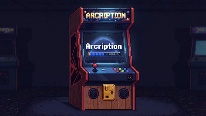 A 3D rendered illustration of a classic wooden arcade cabinet in a dark room, featuring colorful buttons and the misspelled word 'ARCRIPTION' displayed on both the marquee and screen.