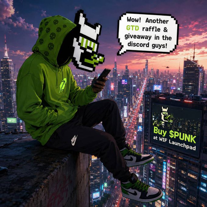 A hooded figure with a pixel skull mask sits on a rooftop overlooking a cyberpunk city, with a speech bubble saying "Wow! Another GTD raffle & giveaway in the discord guys!" and a billboard reading "Buy $PUNK at WIF Launchpad".