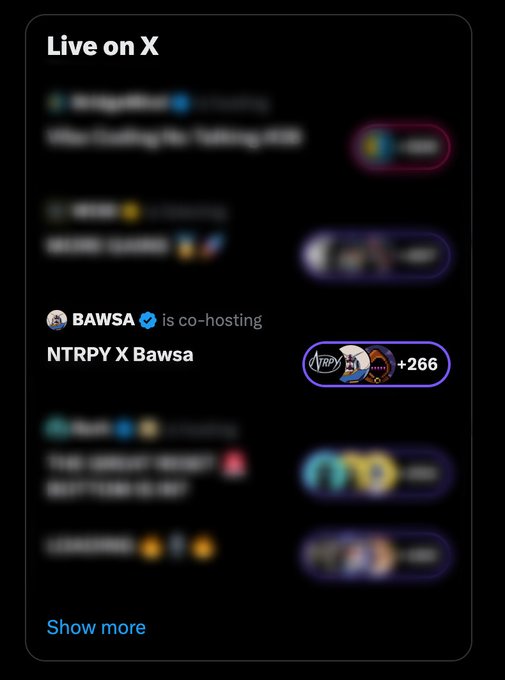 A screenshot of the 'Live on X' feature showing various Spaces, with a visible co-hosted Space titled 'NTRPY X Bawsa' showing +266 listeners.