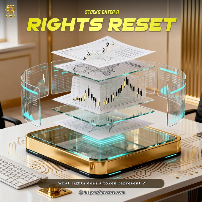 A futuristic golden desk display features a glowing, holographic multi-layered stock chart visualization with transparent floating data panels showing market trends, overlaid with the headline "STOCKS ENTER A RIGHTS RESET" and the QNCX logo. The caption "What rights does a token represent?" and URL "qncxus.com" appear at the bottom, visually reinforcing the post's theme of how tokenized stocks are reshaping ownership rights and securities regulations in digital markets.