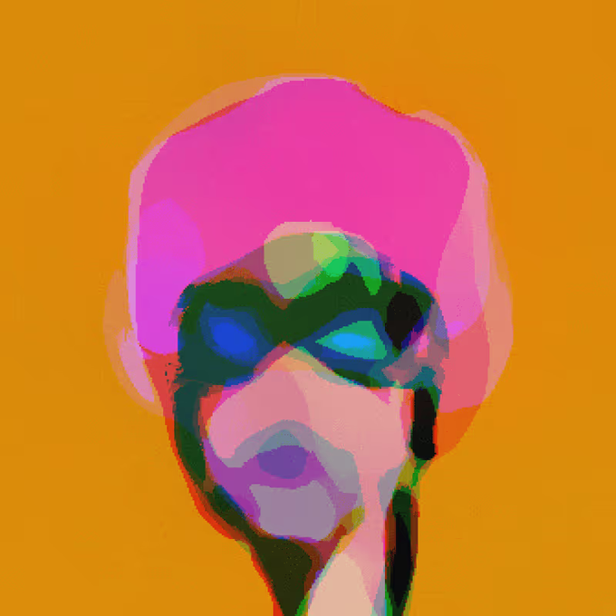 An abstract, brightly colored digital painting of a figure with a pink head and blue eyes against an orange background.