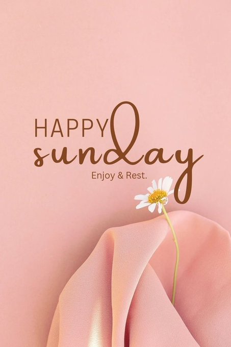 A pink-themed greeting card with elegant script reading 'HAPPY sunday - Enjoy & Rest' alongside a white daisy resting on pink fabric.