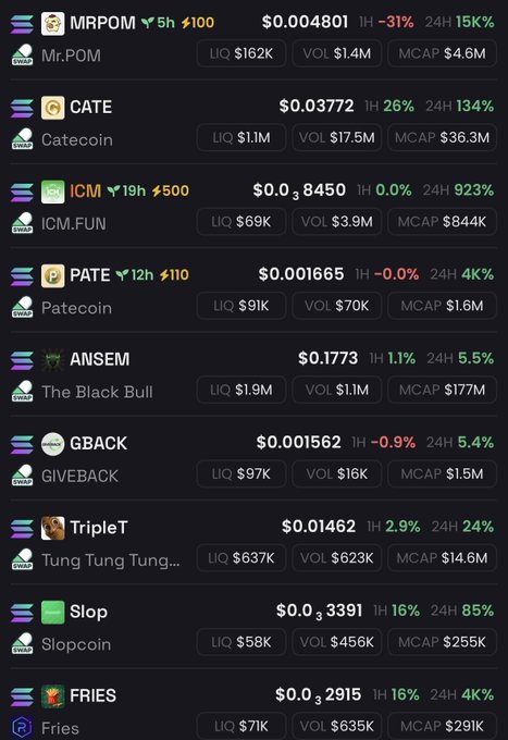 A cryptocurrency price tracking dashboard on Solana showing meme coins like MRPOM ($0.004801, -31%), CATE ($0.03772, +26%), ICM ($0.038450, 0%), PATE ($0.001665, 0%), ANSEM ($0.1773, +1.1%), GBACK ($0.001562, -0.9%), TripleT ($0.01462, +2.9%), Slop ($0.003391, +16%), and FRIES ($0.0032915, +16%), displaying metrics like liquidity, volume, and market cap to help decide which tokens to add to a watchlist.