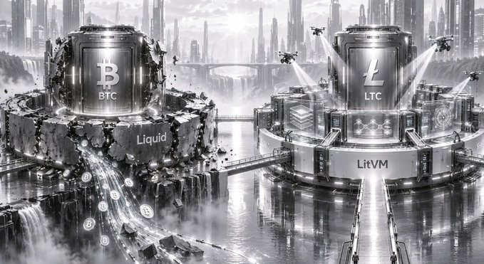 A black and white digital illustration depicting a futuristic city with two cryptocurrency-themed structures, one labeled 'BTC Liquid' and the other 'LTC LitVM', connected by bridges over water.